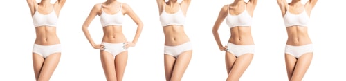 5 body images of a healthy fit woman wearing white underwear