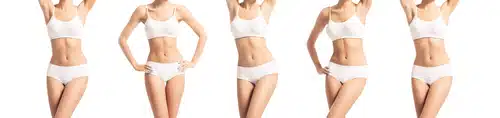 5 body images of a healthy fit woman wearing white underwear